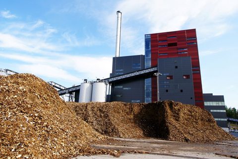 Biomass boiler plant with wood chip fuel stockpile